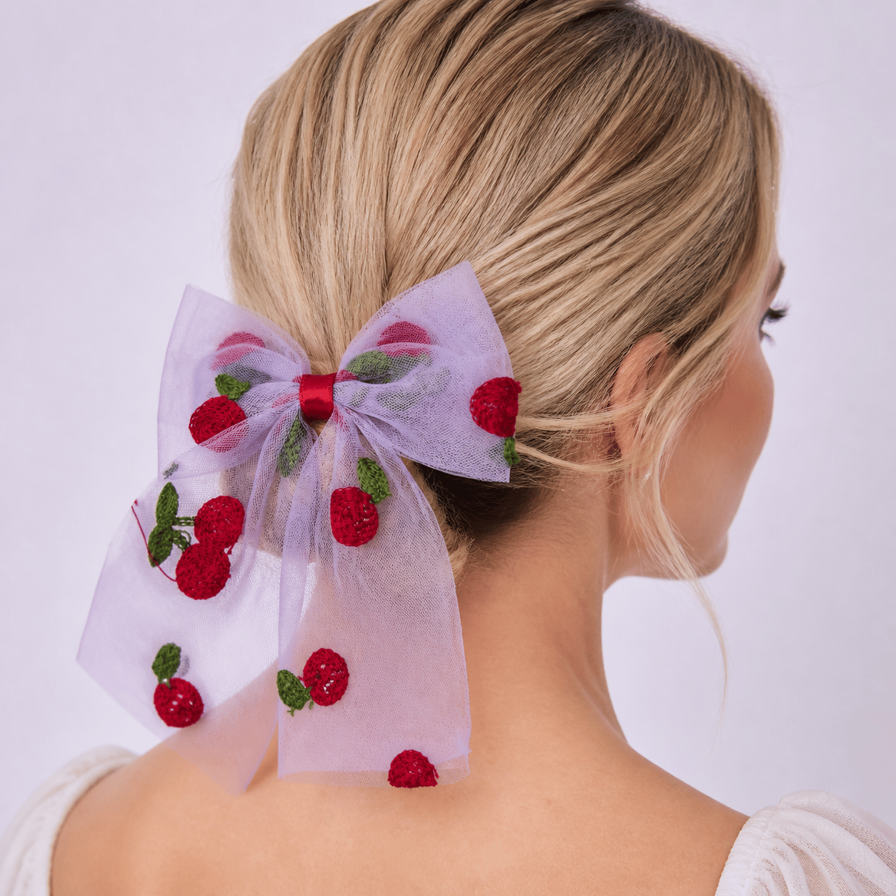  Fashion Kiraz Nakışlı Lila Tül Fiyonk Saç Tokası