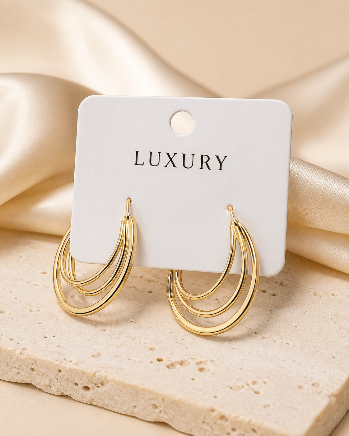  Luxury Üç Aralıklı İç İçe Oval Halka Küpe – Gold