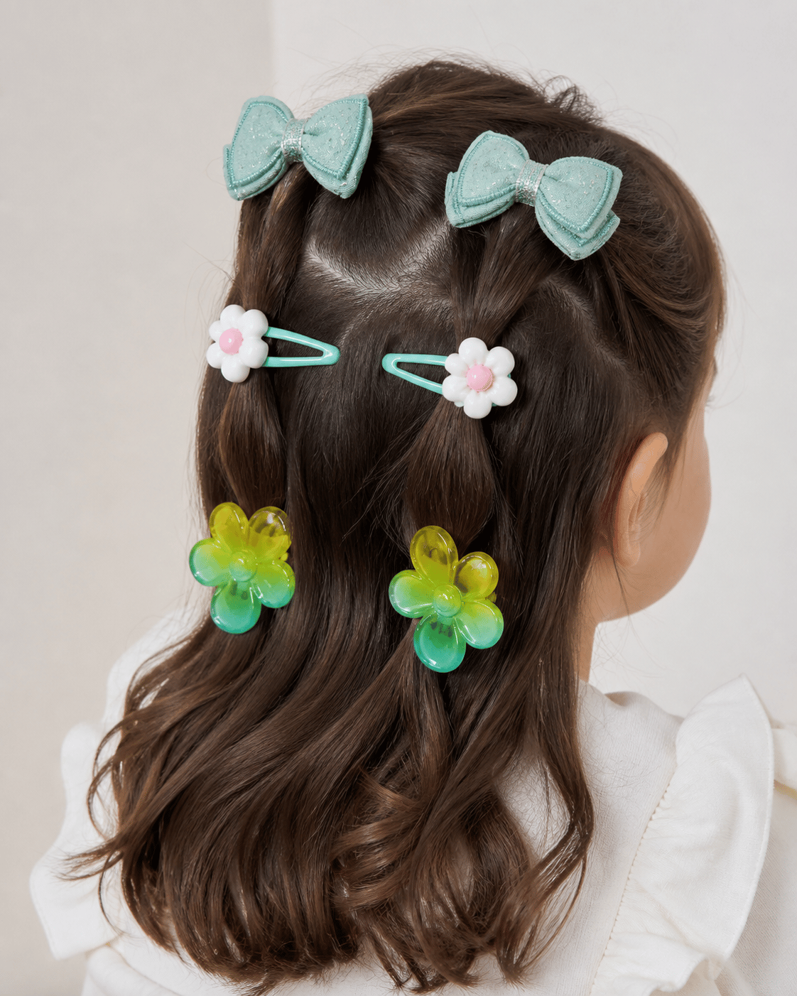  Mint Fiyonk ve Çiçek Detaylı Çocuk Saç Tokası – 6'lı Set