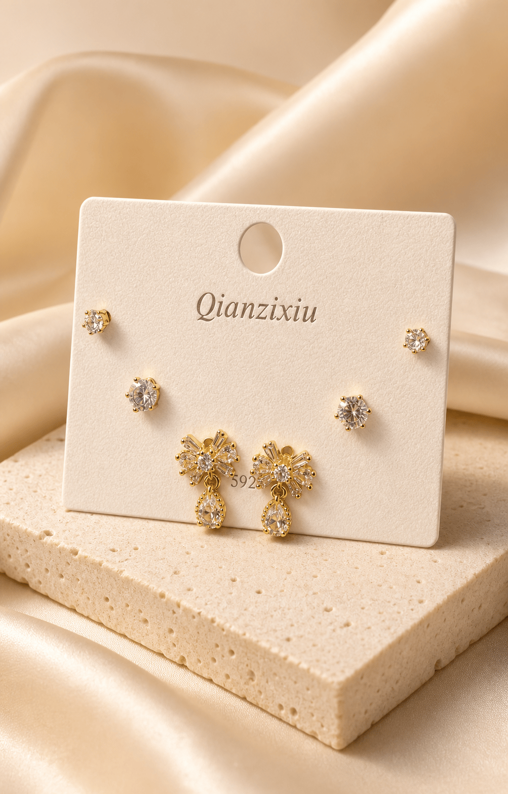 Çelik 3'lü Baget Taşlı Damla Küpe Seti – Gold