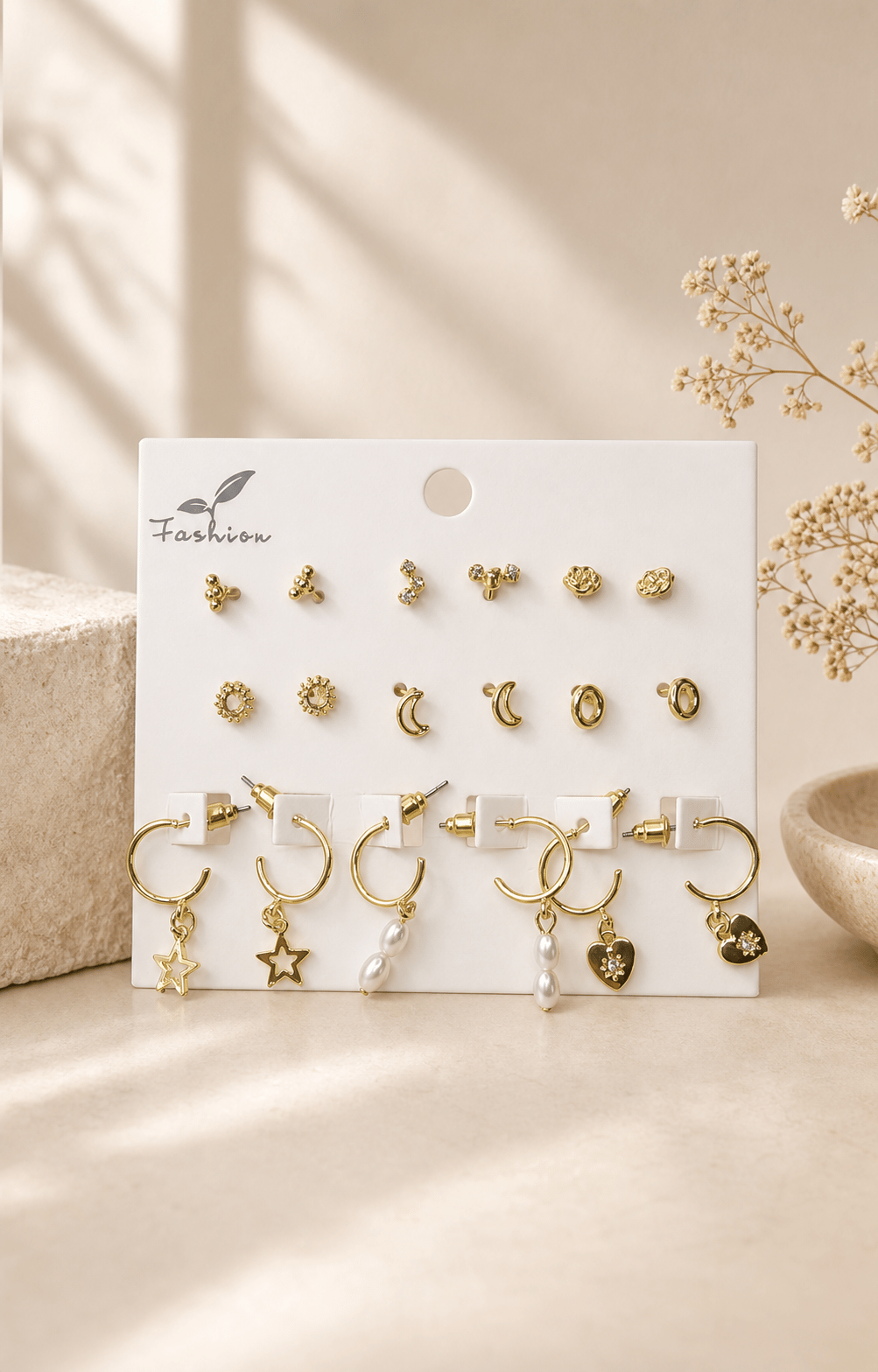 Çelik Gold Figürlü Çoklu Küpe Seti