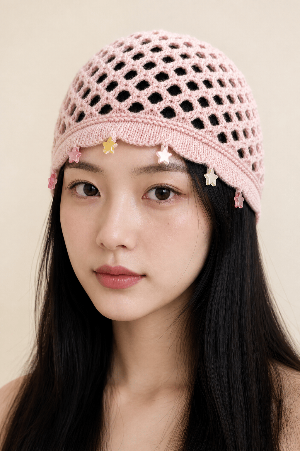 El Yapımı Açık Pembe Yıldız Boncuklu Tam Bandana