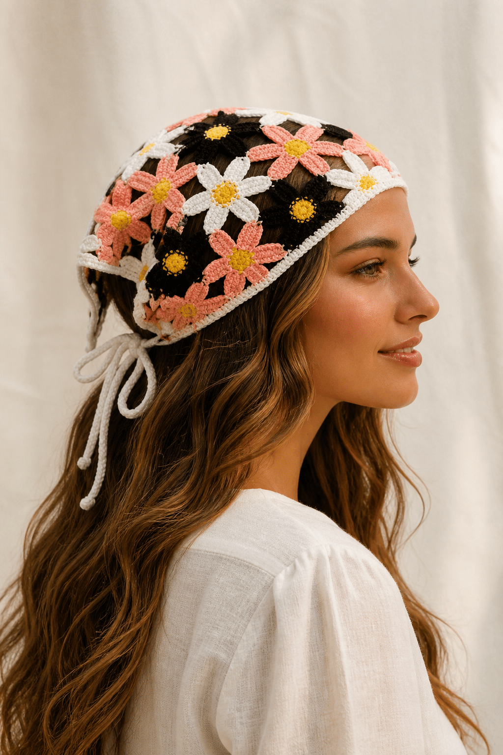 El Yapımı Papatya Motifli Örgü Bandana – Pembe, Siyah ve Beyaz Çiçekli Saç Aksesuarı