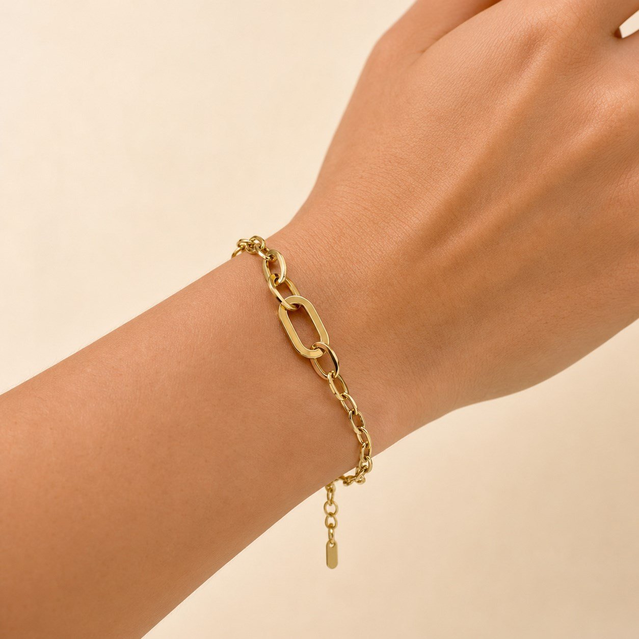 Fashion Gold Renk Büyük Halka Detaylı Ayarlanabilir Ataş Zincir Kadın Bileklik