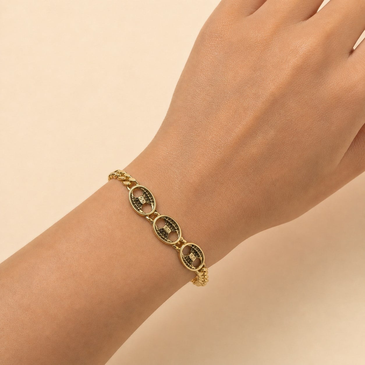 Fashion Gold Renk Üçlü Oval Motifli Gurmet Zincir Kadın Bileklik