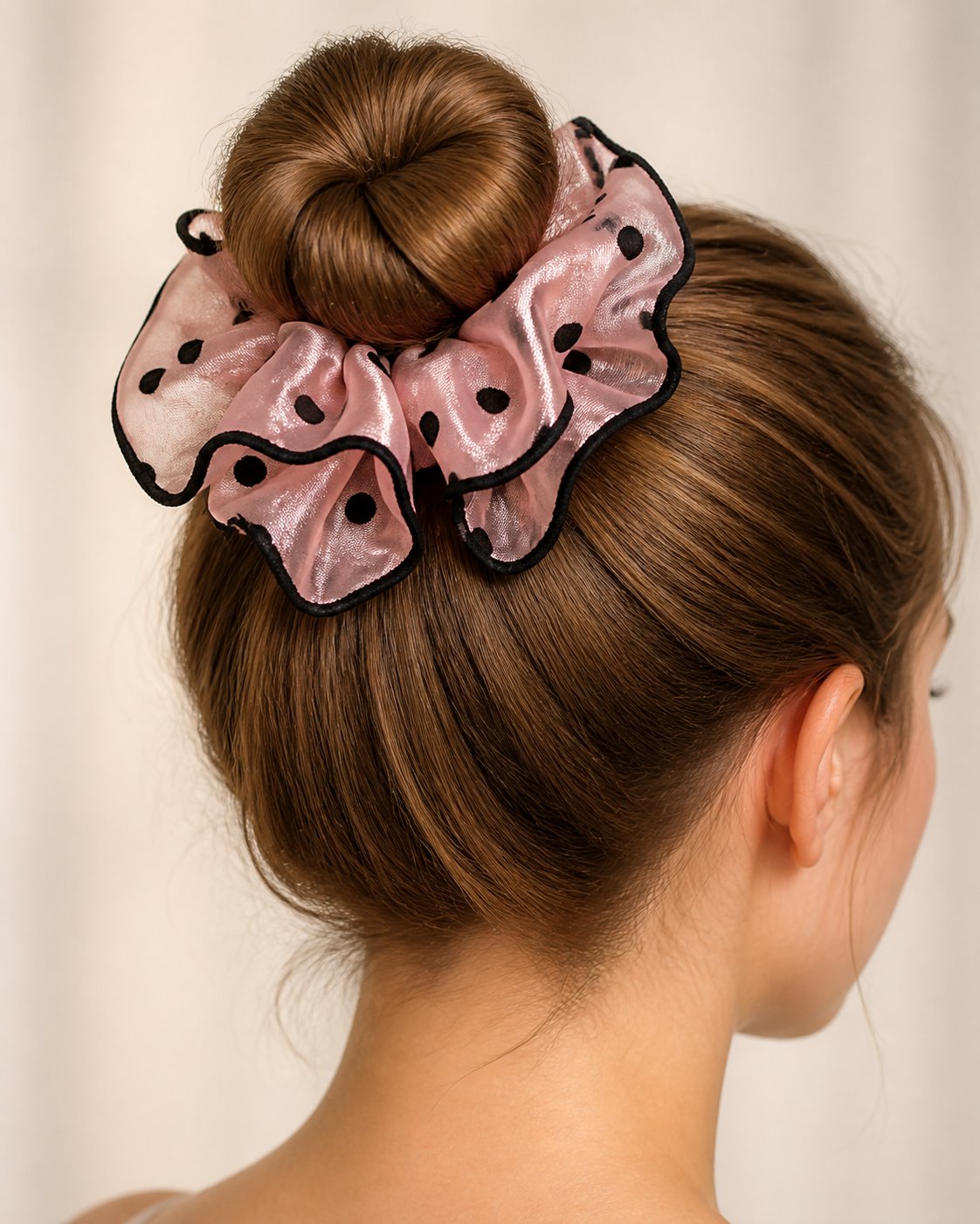 Fashion Pudra Pembe Puantiyeli Organze Oversize Scrunchie Saç Tokası