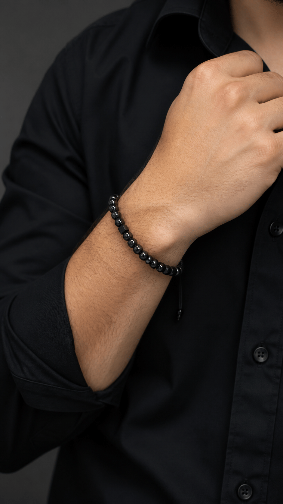 Fashion Siyah Küp Ara Detaylı Boncuk Ayarlanabilir Erkek Bileklik