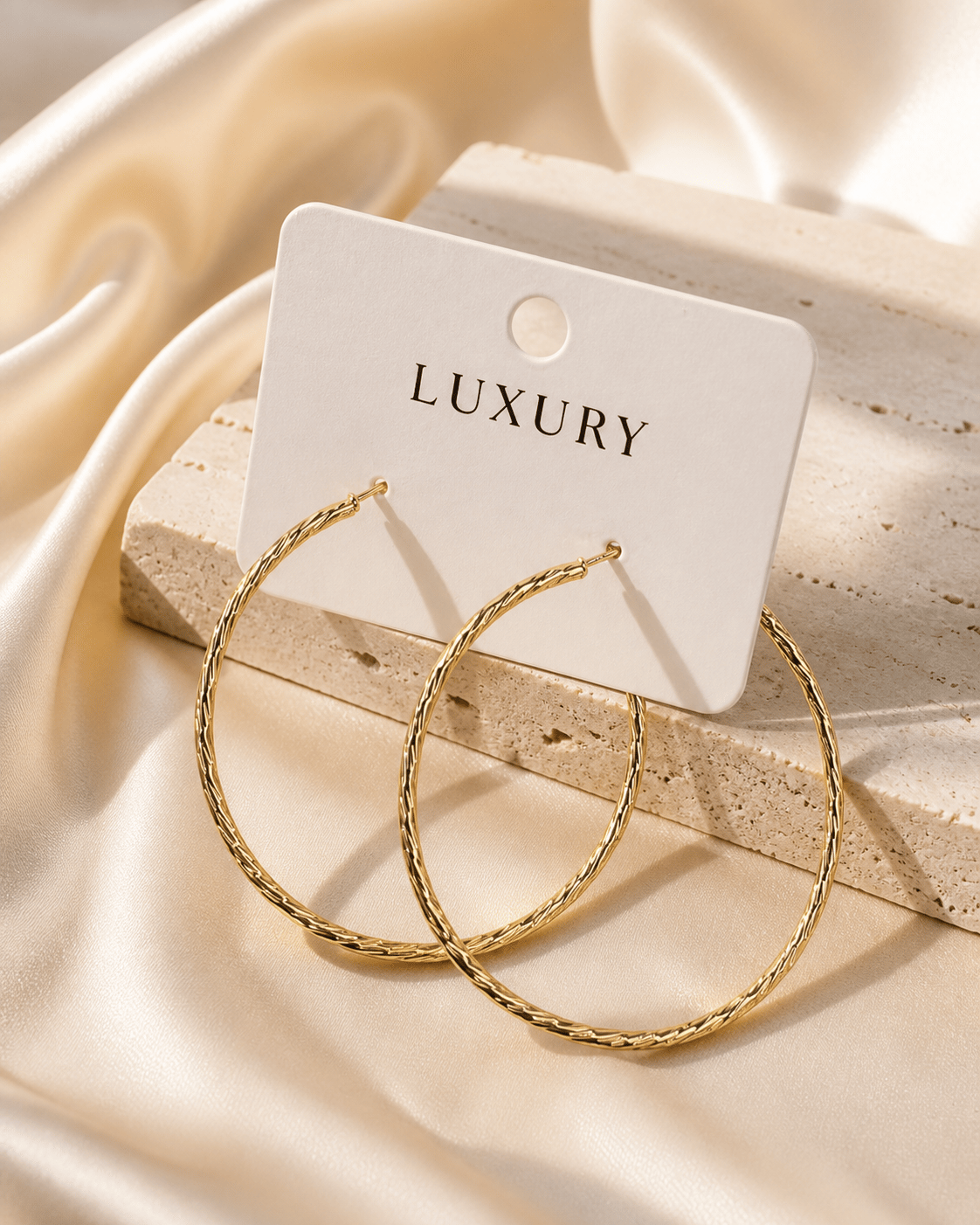 Luxury Çelik Çapraz Desenli Ekstra Büyük İnce Halka Küpe – Altın