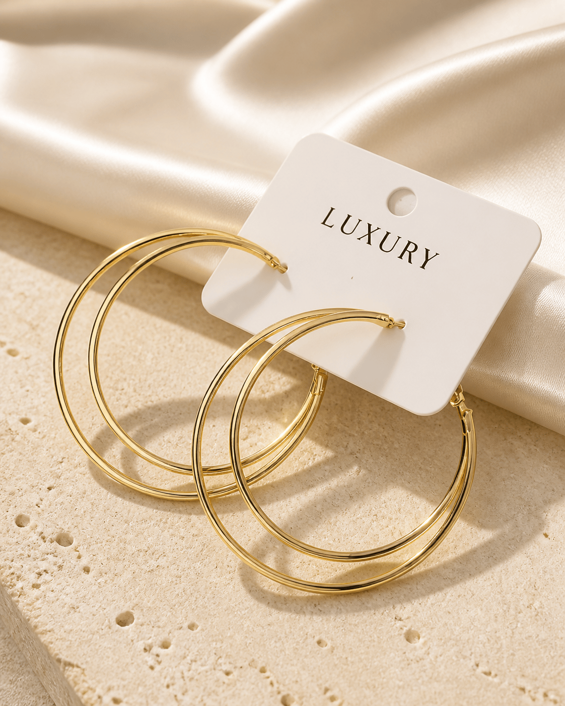 Luxury Çelik İki Aralıklı İnce Büyük Halka Küpe – Altın