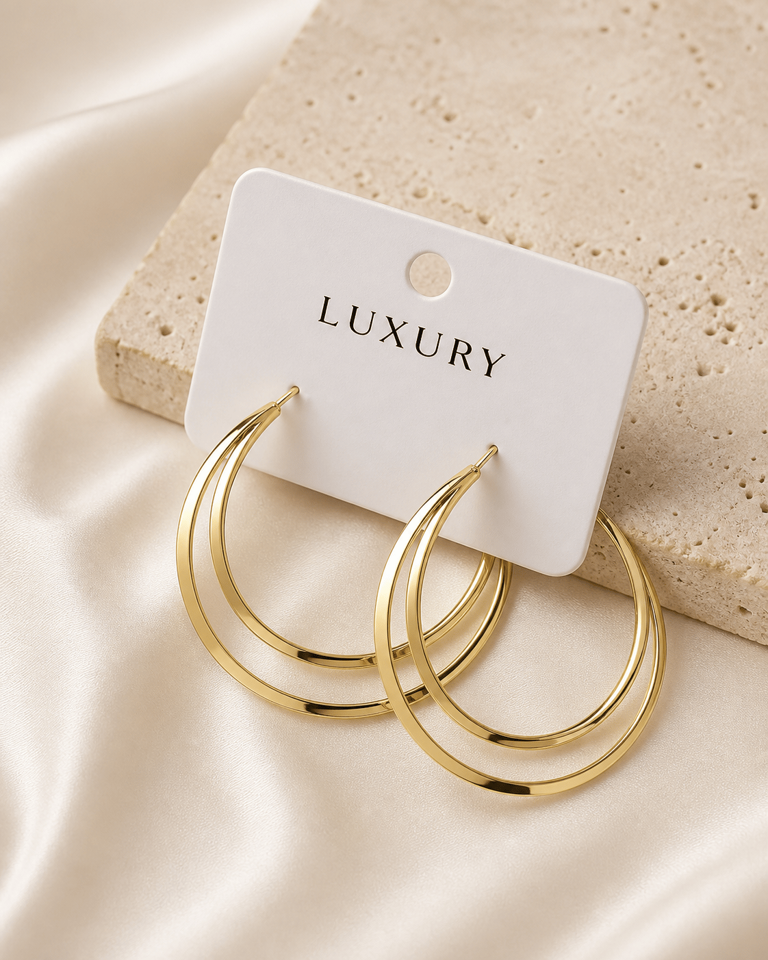 Luxury Çelik İki Aralıklı Yassı Damla Halka Küpe – Altın