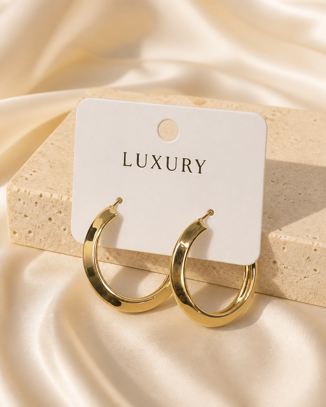 Luxury Çelik Yassı Genişleyen Orta Boy Halka Küpe – Altın