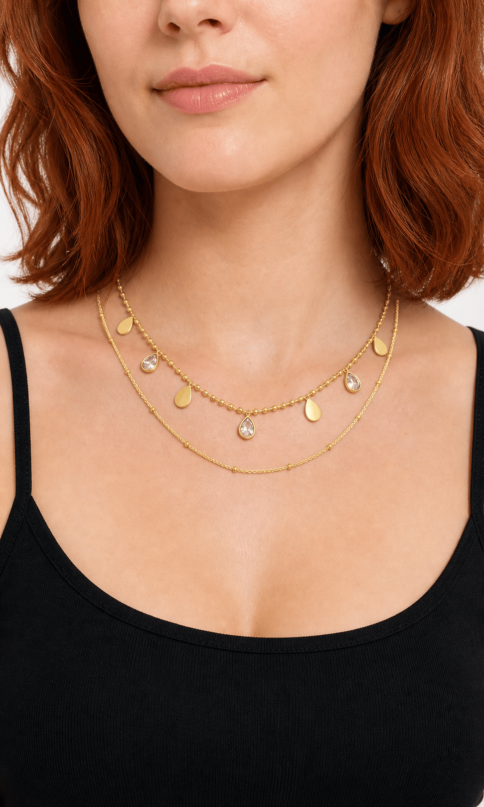 LUXURY Damla Taşlı Pul Detaylı Üç Katlı Gold Kolye