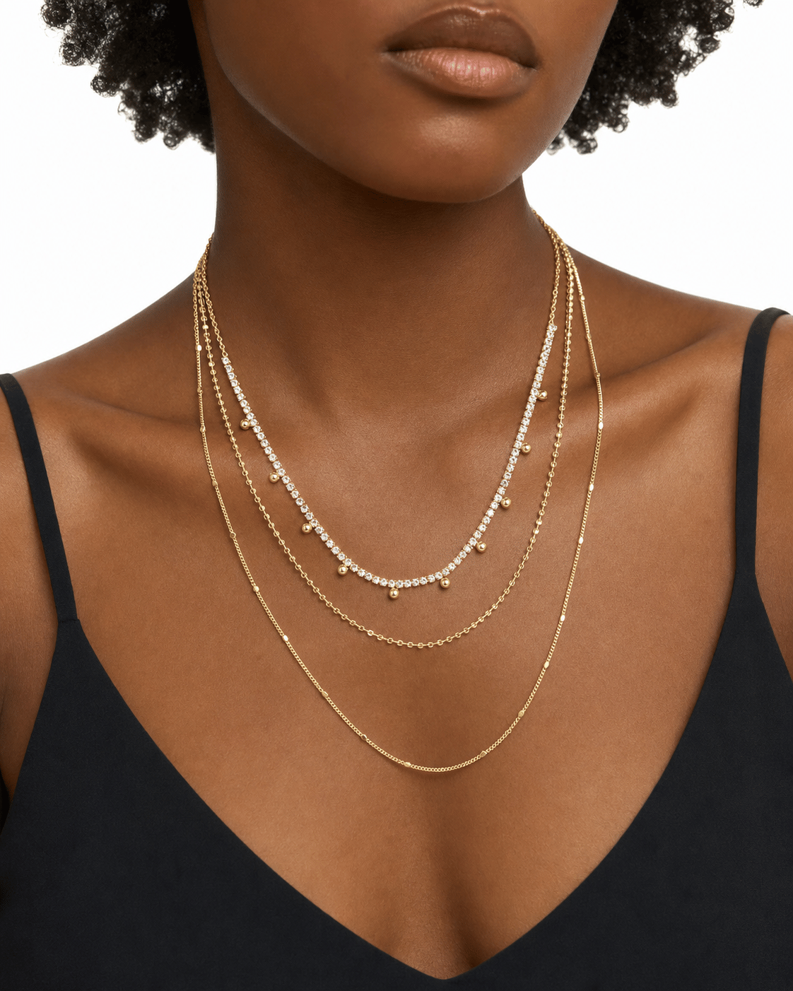 LUXURY Dört Katlı Taşlı Sallantılı Gold Kolye