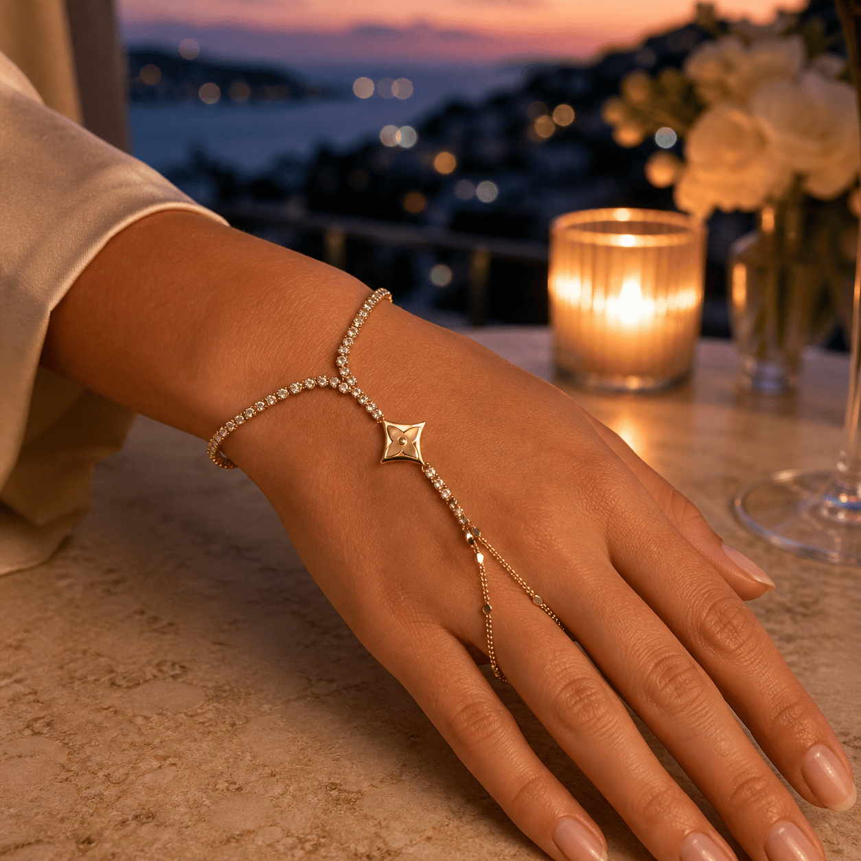 LUXURY Dört Köşeli Yıldız Figürlü Berrak Taşlı Gold Şahmeran