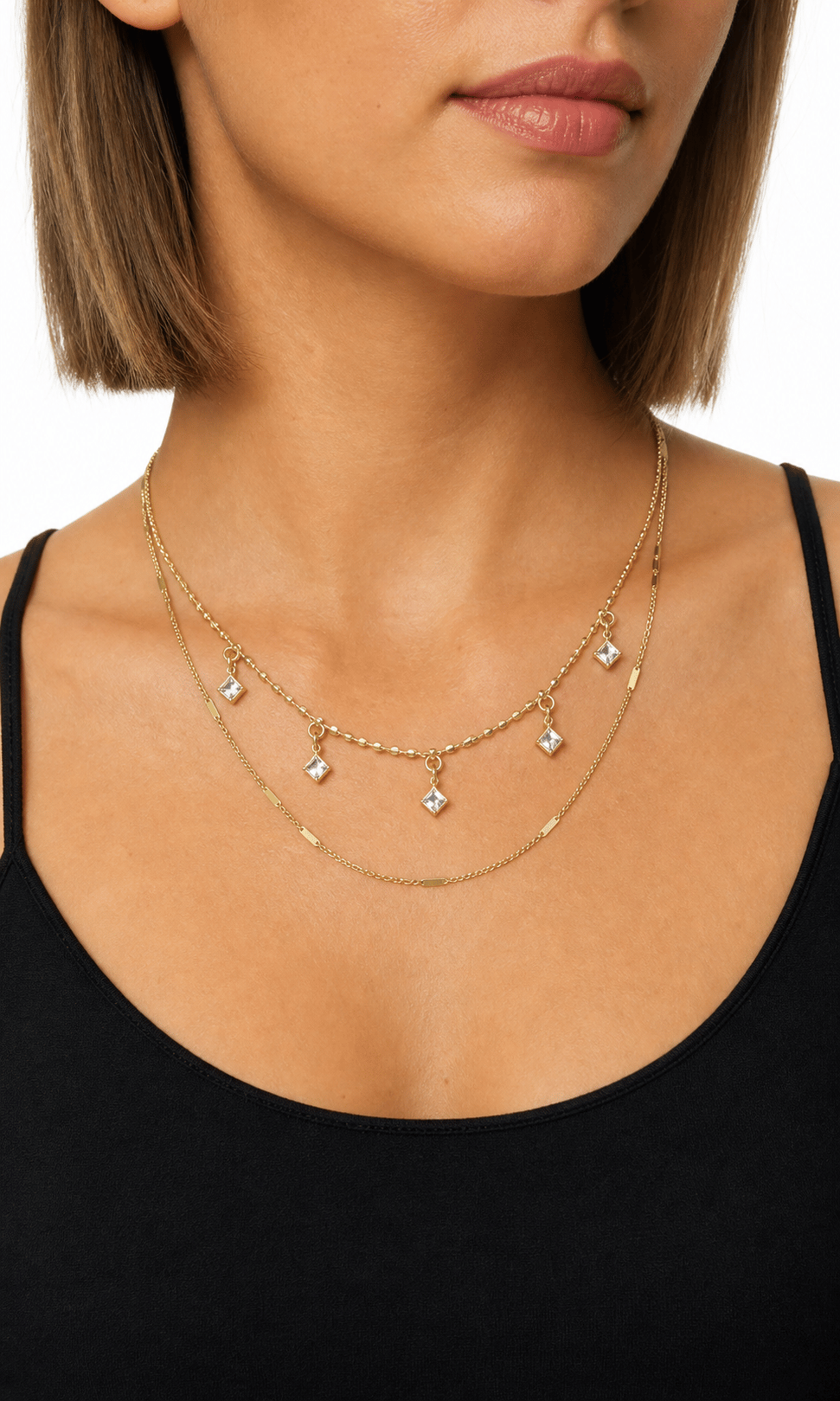 LUXURY Geometrik Taşlı Üç Katlı Gold Kolye