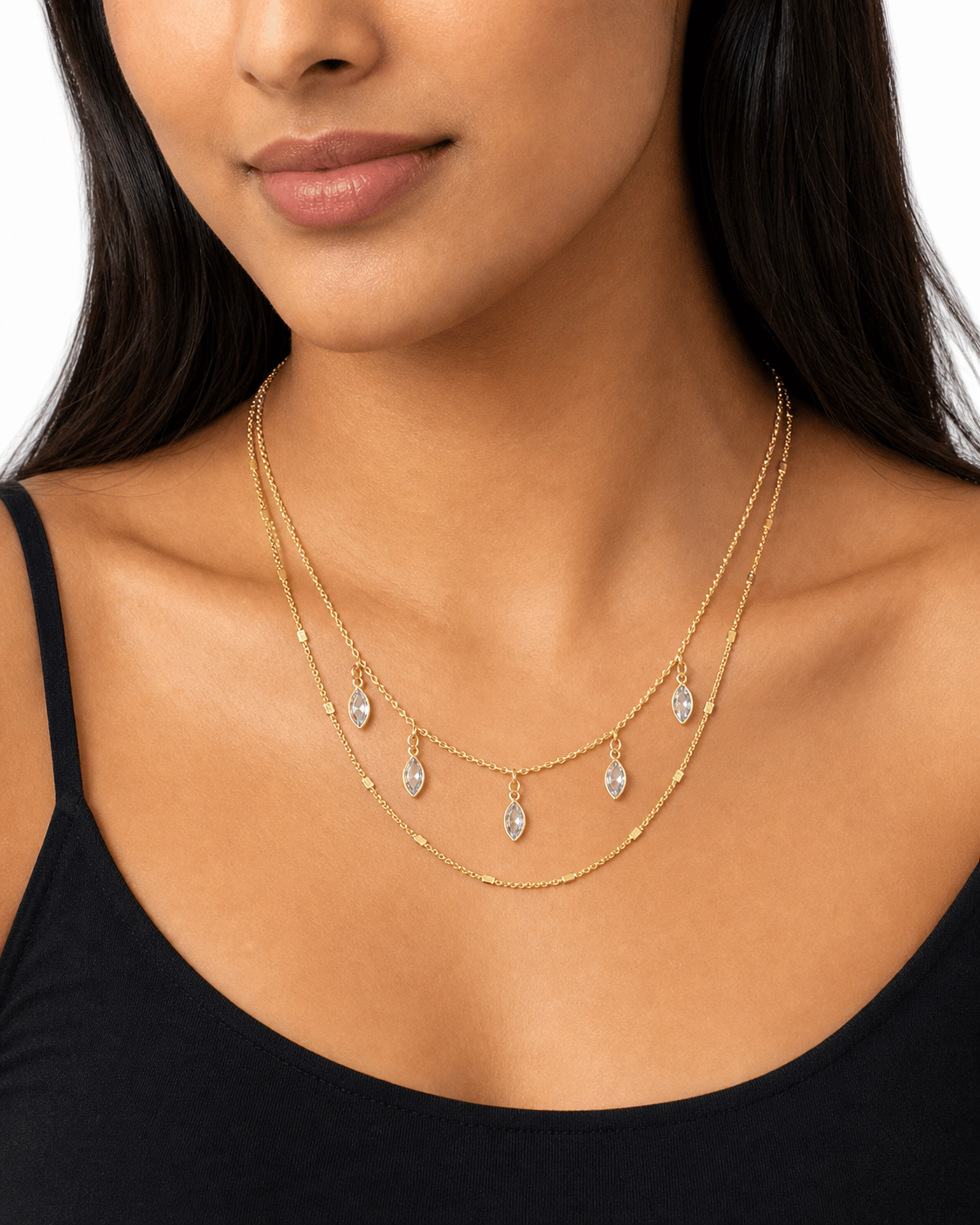 LUXURY Kristal Damla Taşlı İki Katlı Gold Kolye Kalp Detaylı