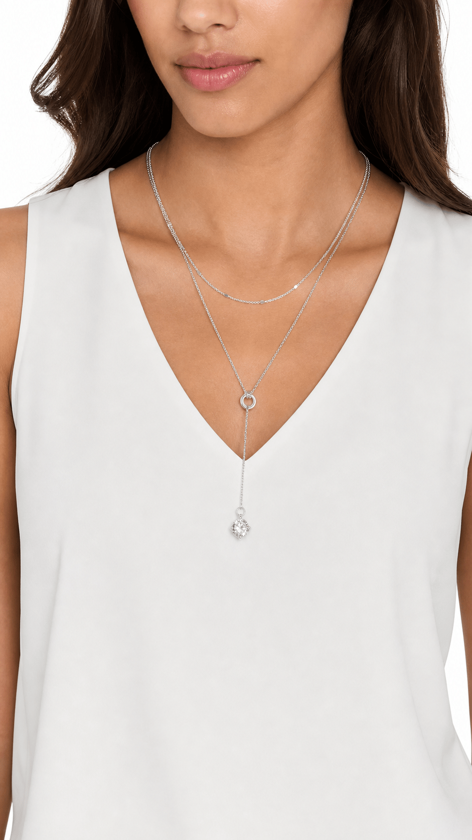LUXURY Taş Sallantılı İki Katlı Gümüş Ton Lariat Kolye