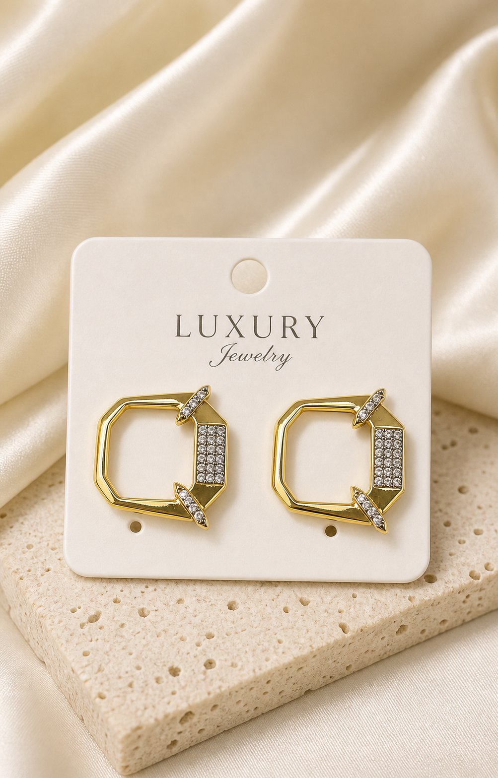 Luxury Taşlı Geometrik Gold Kare Halka Küpe