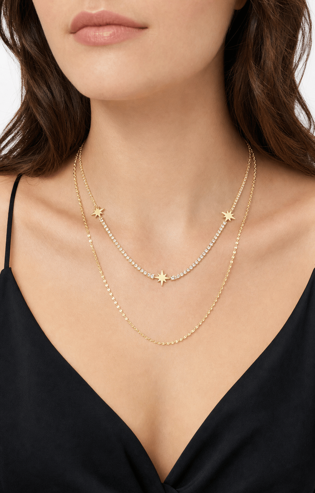 LUXURY Üç Yıldız Detaylı Katmanlı Gold Kolye