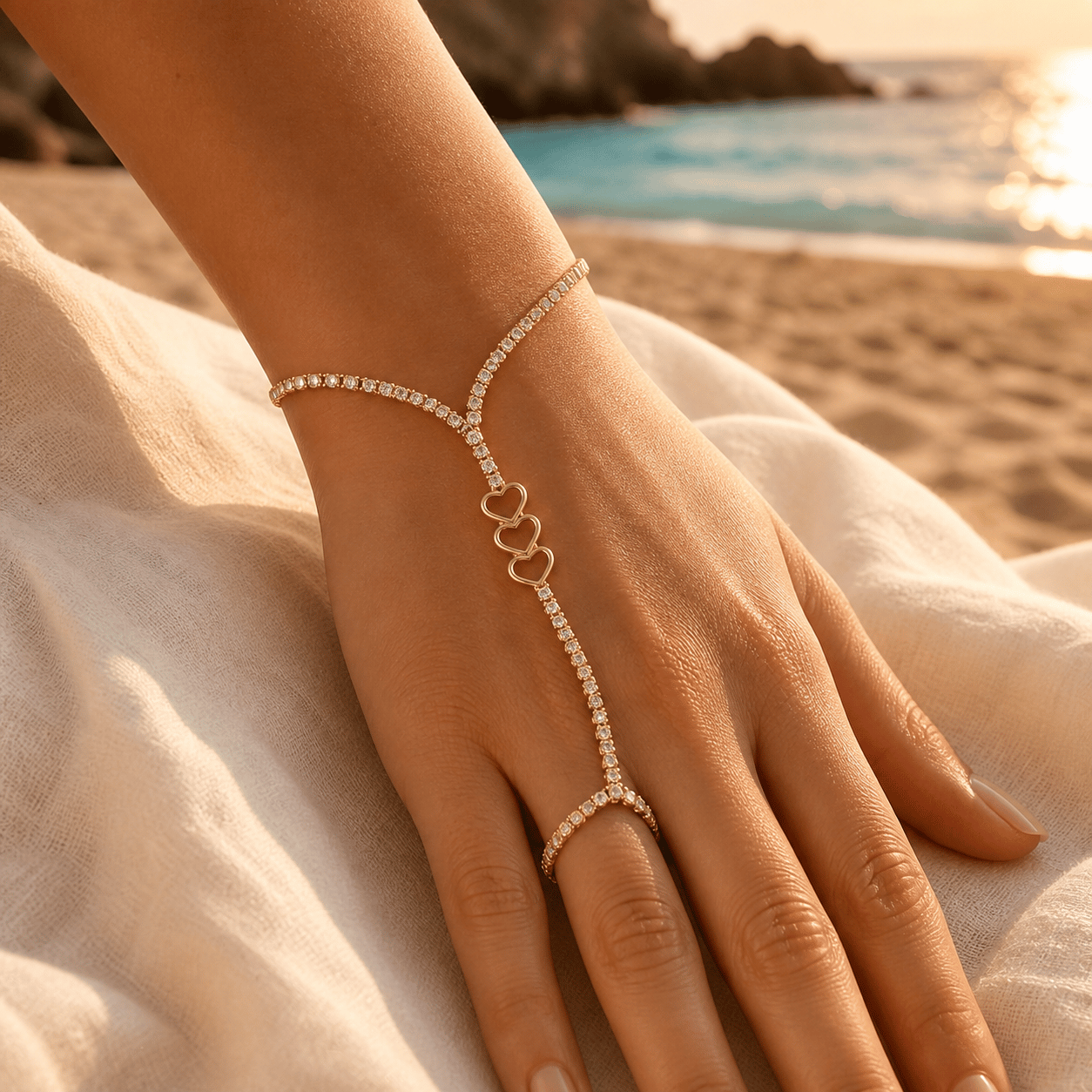 LUXURY Üçlü Kalp Detaylı Berrak Taşlı Gold Şahmeran