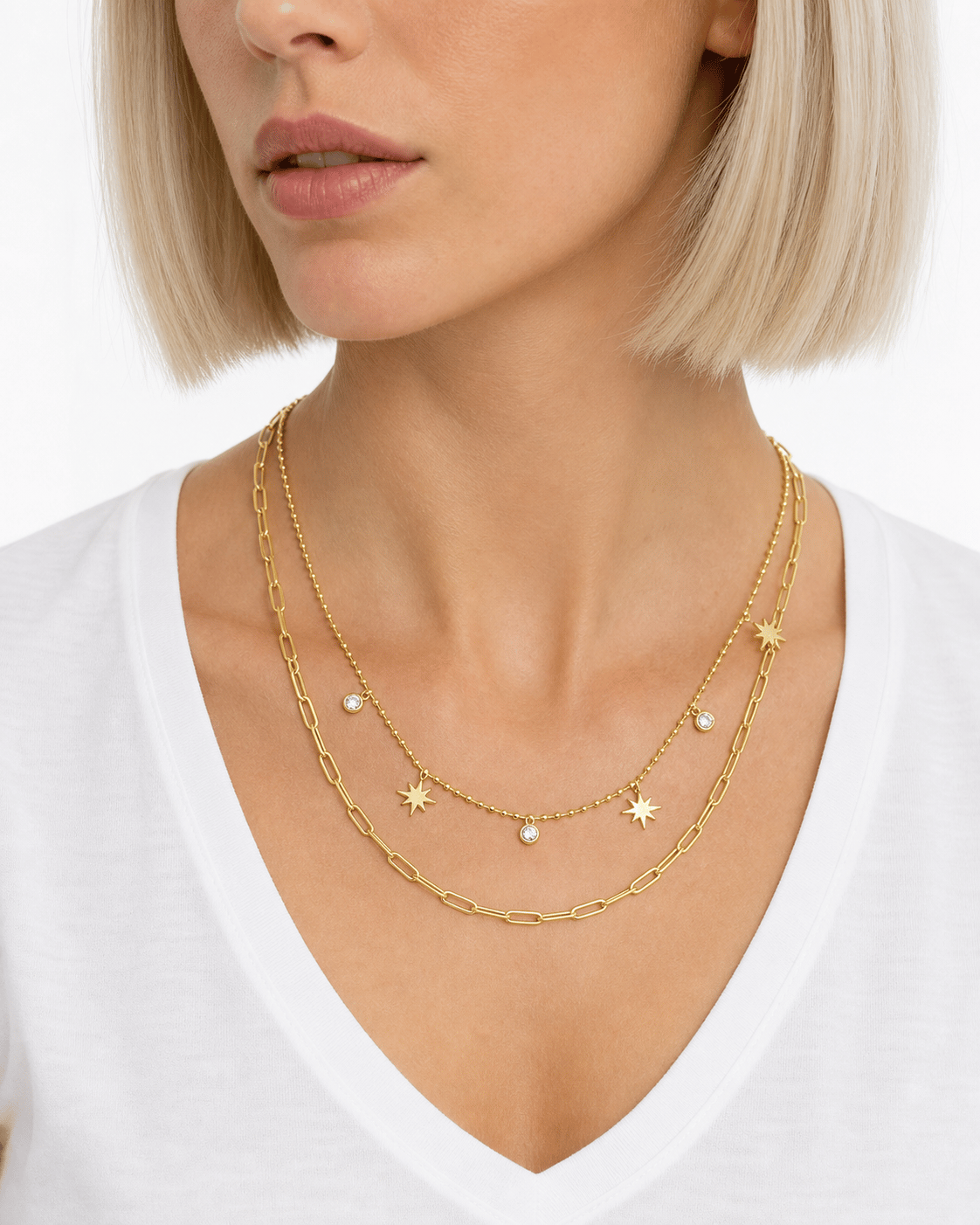 LUXURY  Yıldız Detaylı Paperclip Zincir Gold Kolye