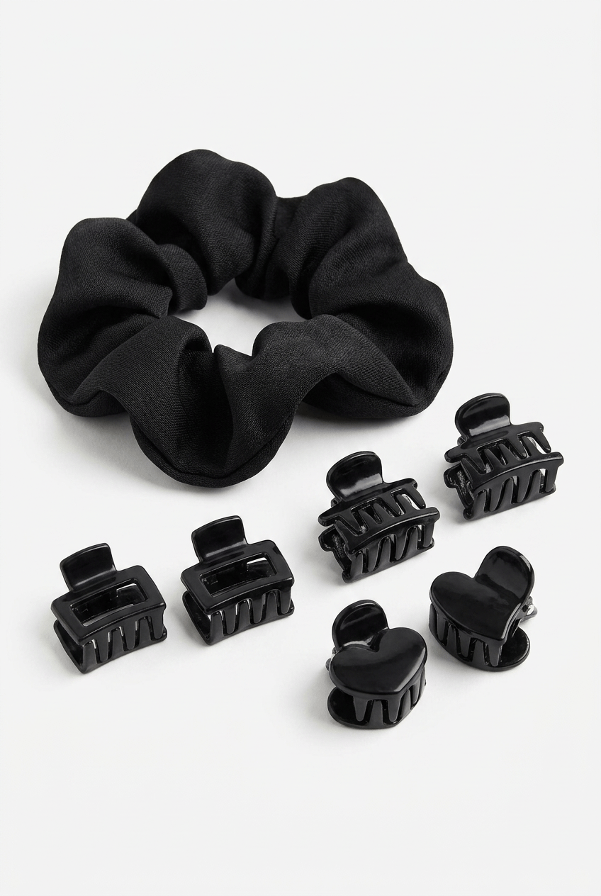 Siyah Saten Scrunchie ve Siyah Mini Mandal Saç Tokası Seti