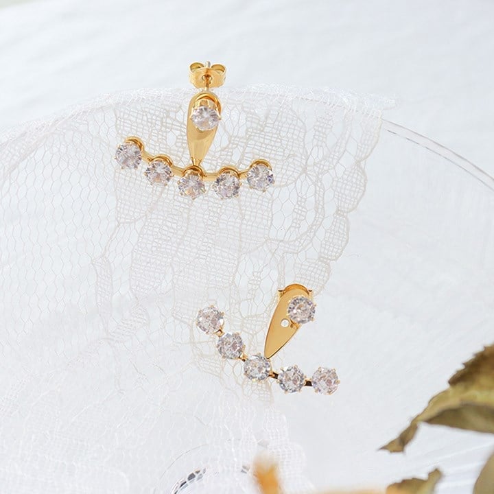 Titanyum Taşlı Kavisli Ear Jacket Küpe