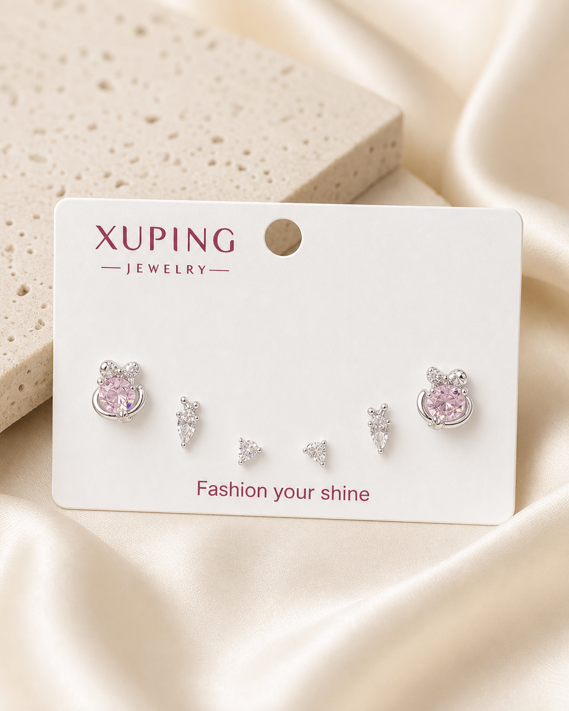 Xuping 3'lü Gümüş Renk Küpe Seti – Pembe ve Damla Taşlı