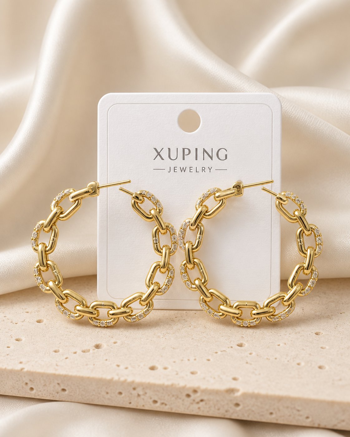 Xuping Taşlı Zincir Büyük Gold Halka Küpe