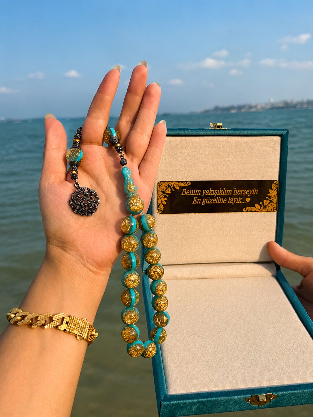 Altın Varaklı Turkuaz Tesbih Set