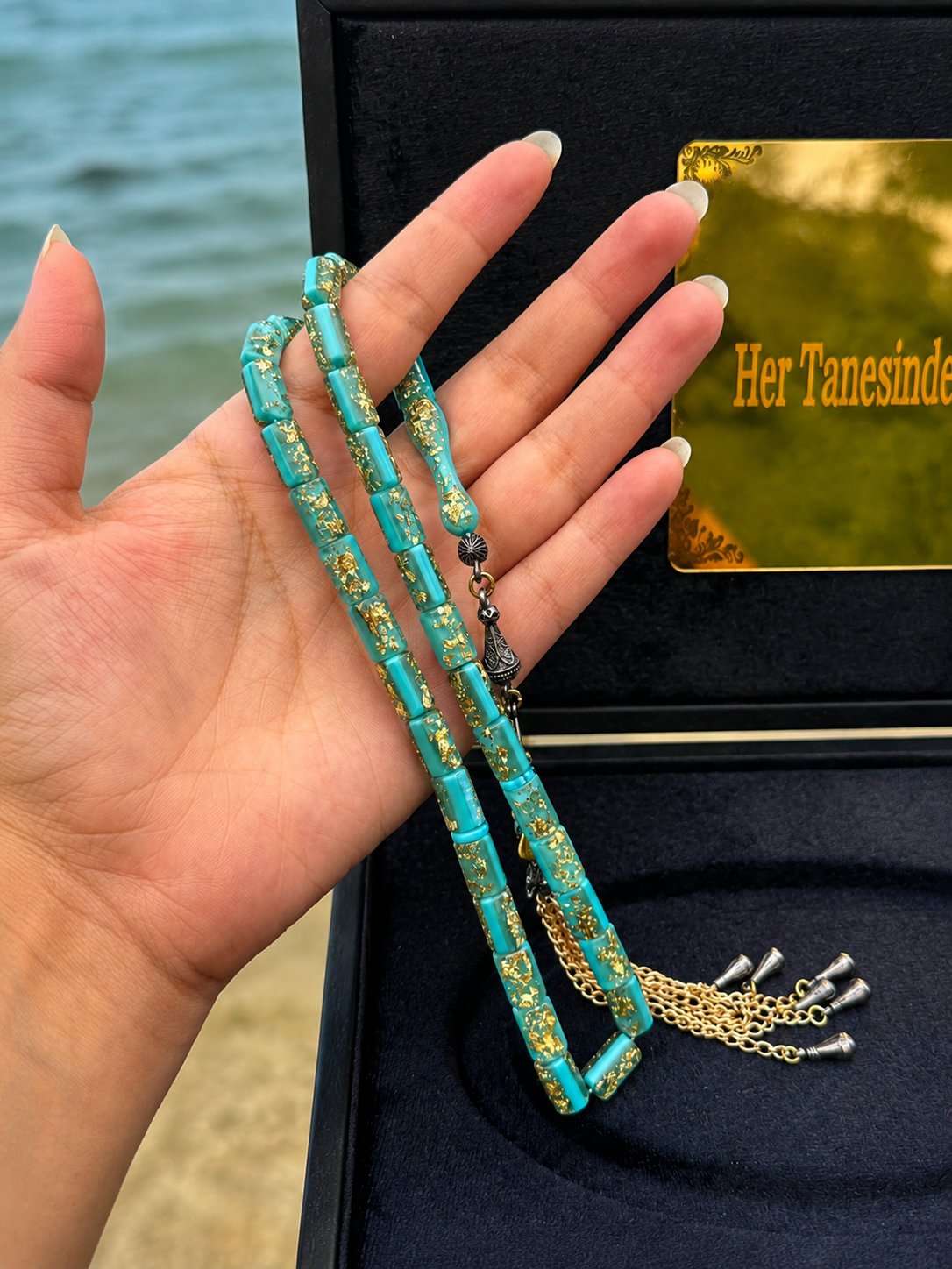 Kişiye Özel Kadife Kutu Kesme Golden Rosary Tesbih Set