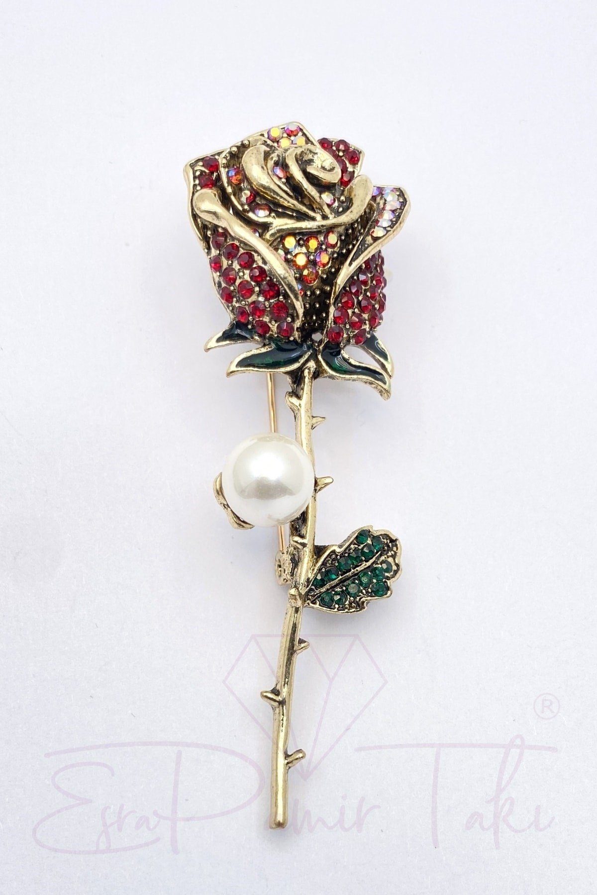Kırmızı Taşlı Ve Incili Gül Broş