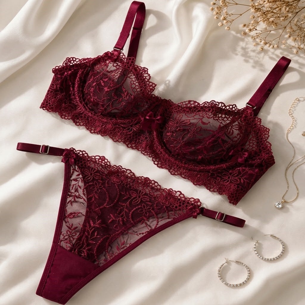 Love Secret Çiçek Detaylı Bordo Takım İç Çamaşır