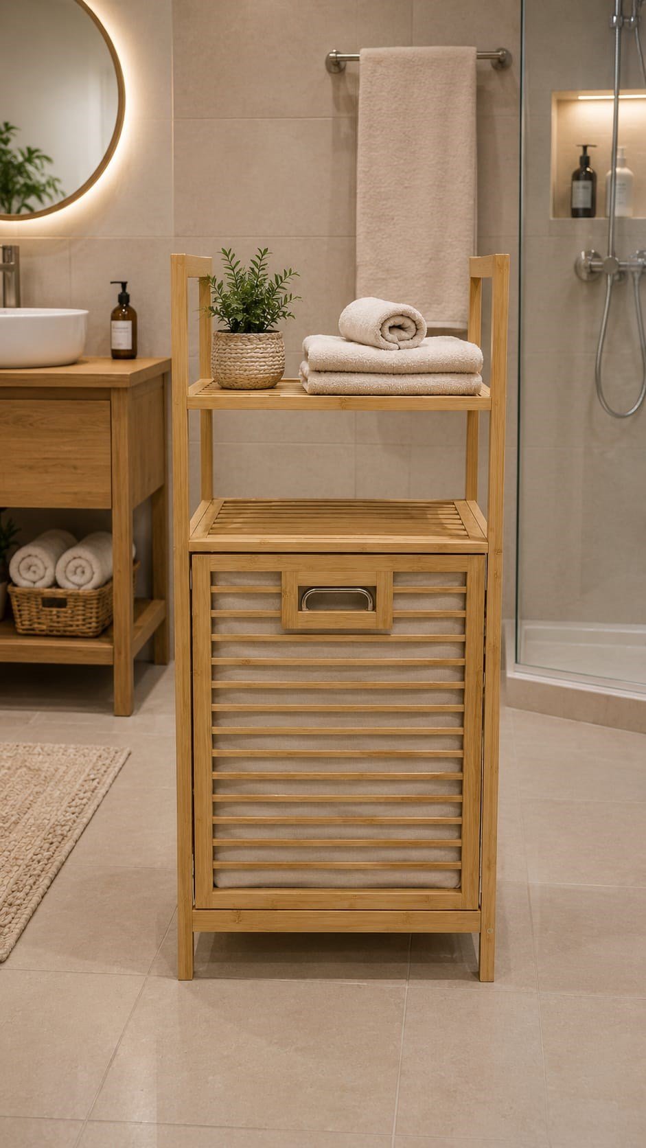 Bambu Çamaşır Sepeti &  Raflı Banyo Düzenleyici