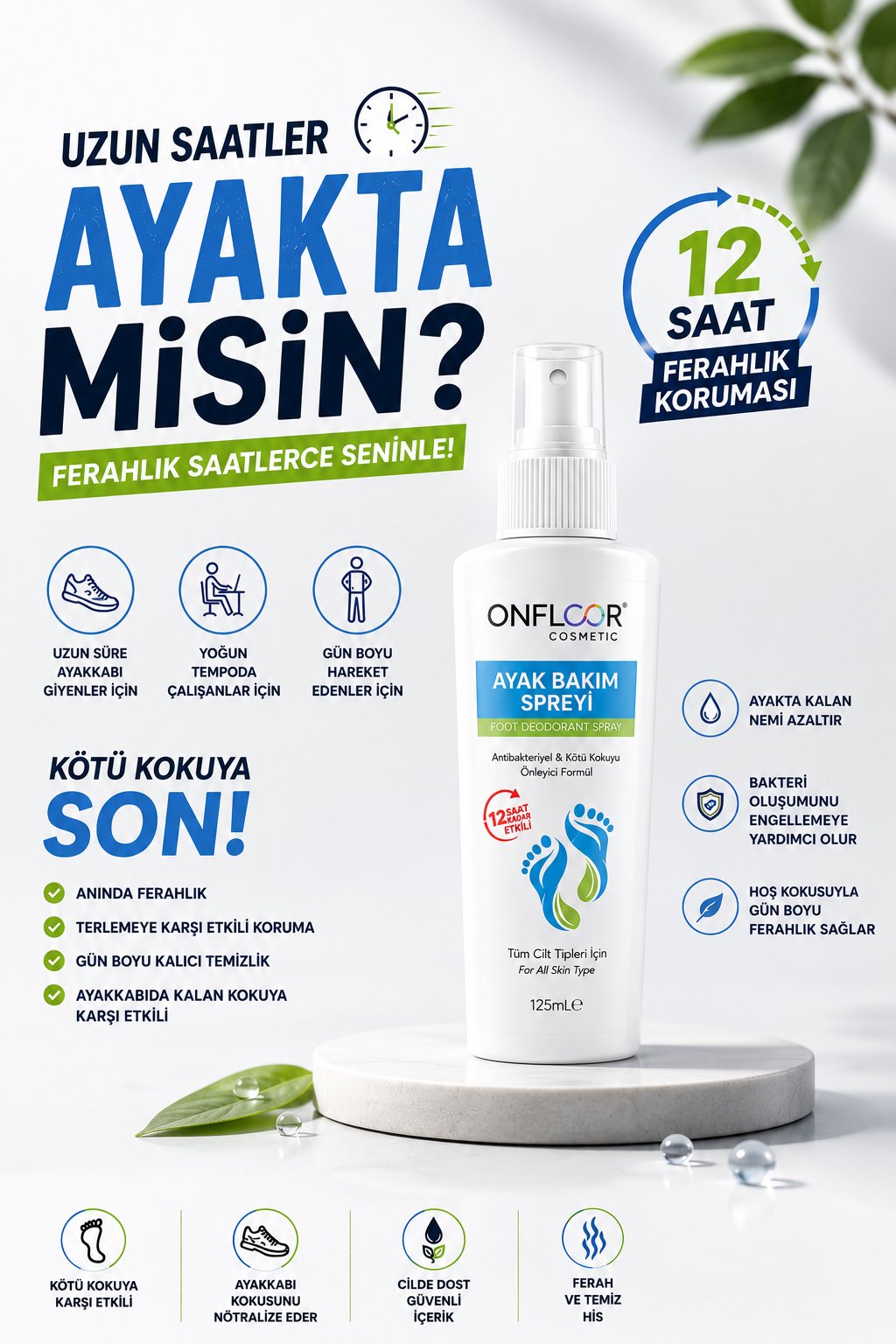ONFLOOR Ayak Kokusu Giderici,Nasır,Mantar,Kötü koku, önleyici | 12 SAAT KONFOR |ferahlatıcı Sprey 125 ml