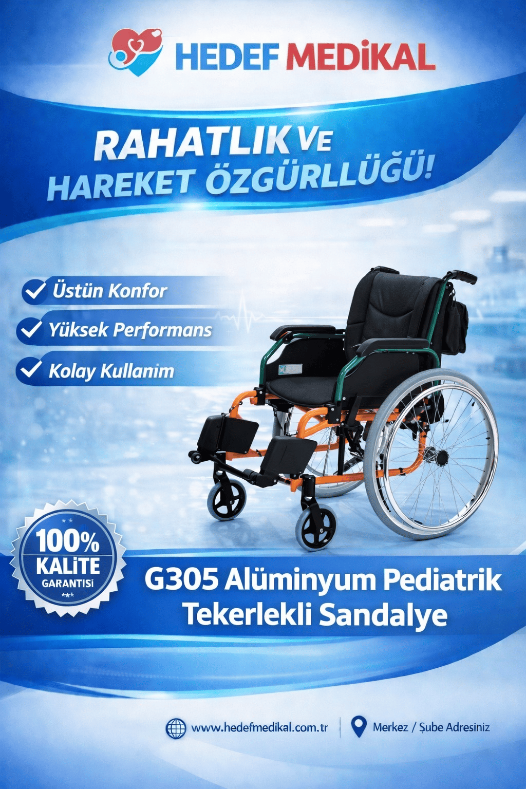G305 Alüminyum Pediatrik Tekerlekli Sandalye