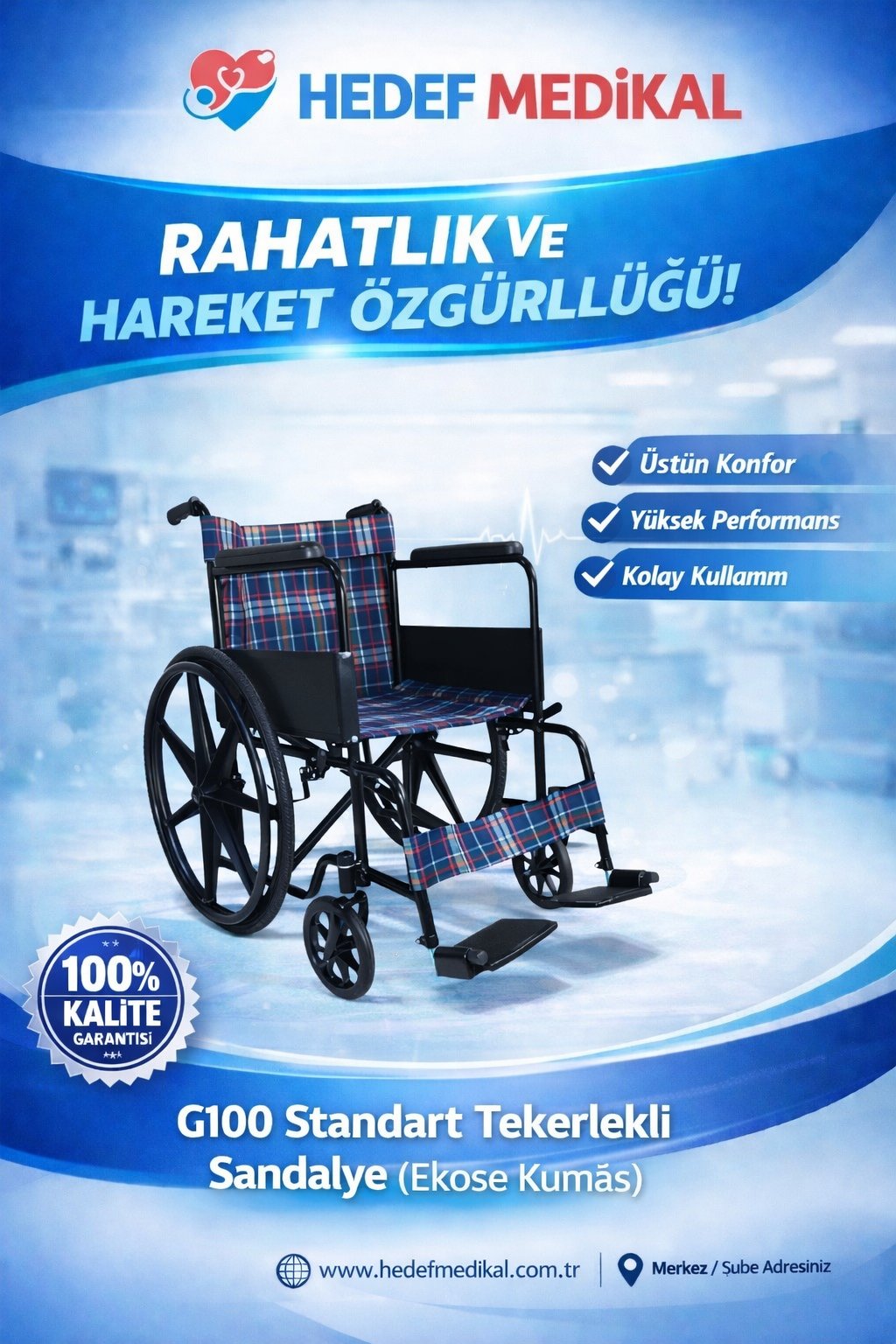 G100 Standart Tekerlekli Sandalye (Ekose Kumaş)
