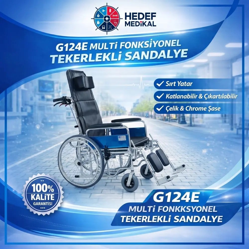 G124E Katlanabilir Sırt Yatırmalı Çıkartılabilir Kolçaklı Refakatçi Frenli Multi Fonksiyonel Manuel Tekerlekli Sandalye