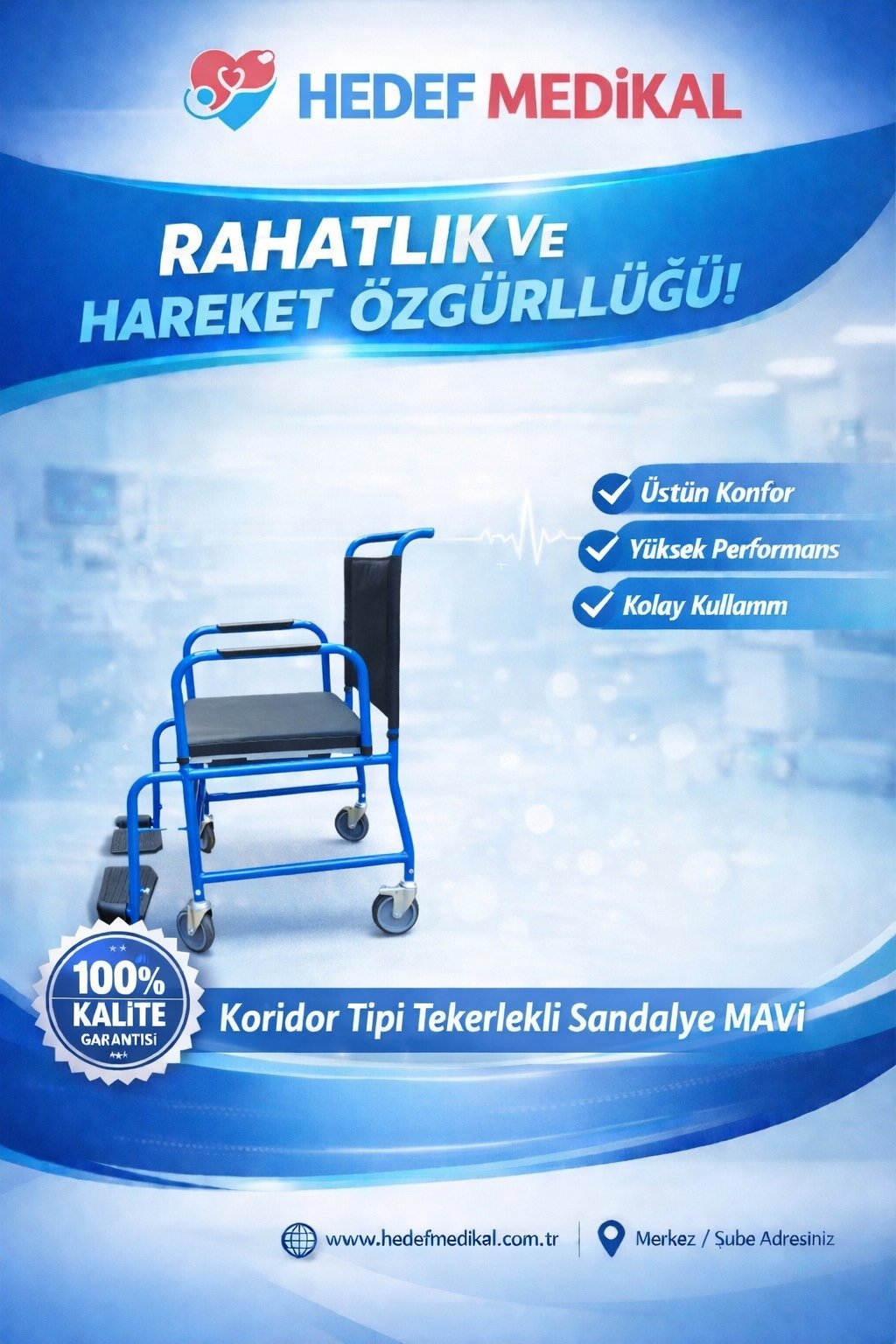 Koridor Tipi Tekerlekli Sandalye MAVİ
