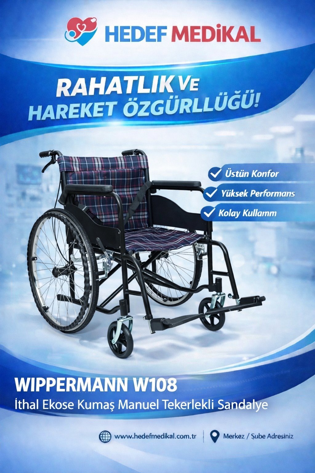 WİPPERMAN W108 İthal Ekose Kumaş Manuel Tekerlekli Sandalye
