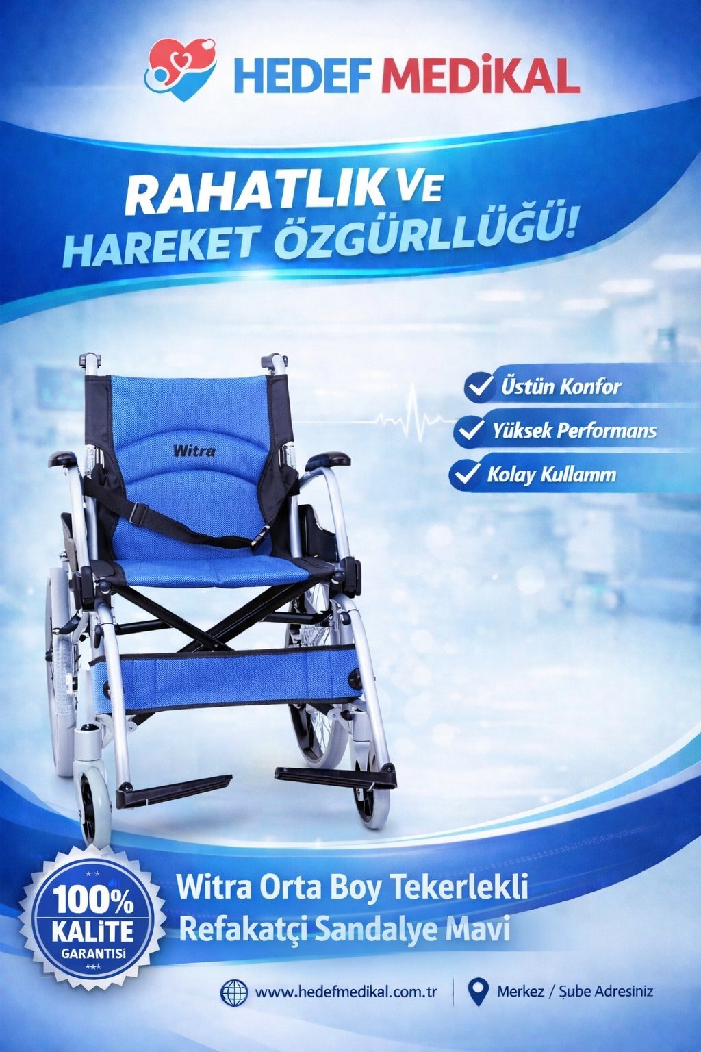 Witra Orta Boy Tekerlekli Refakatçi Sandalye Mavi