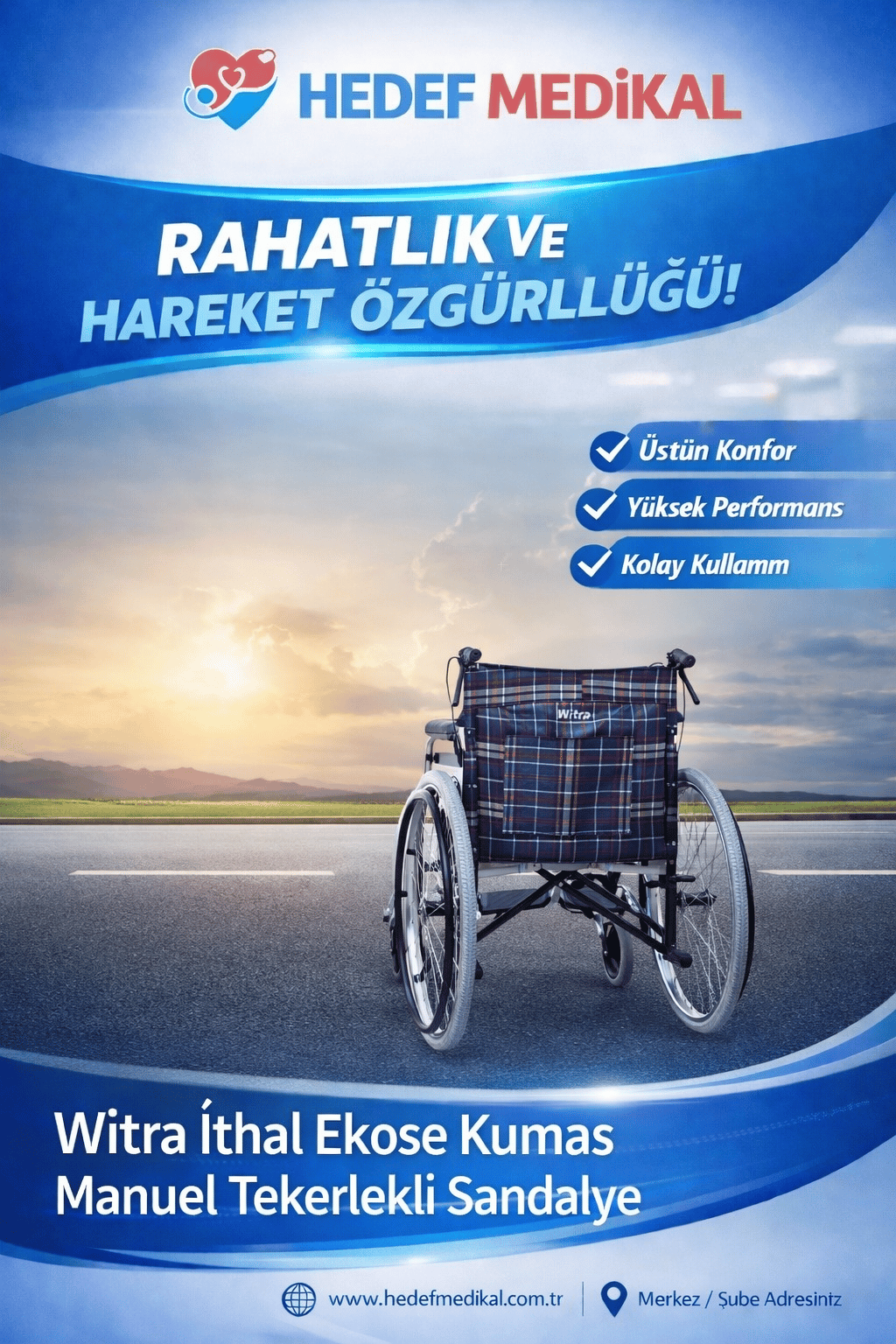 Witra İthal Ekose Kumaş Manuel Tekerlekli Sandalye