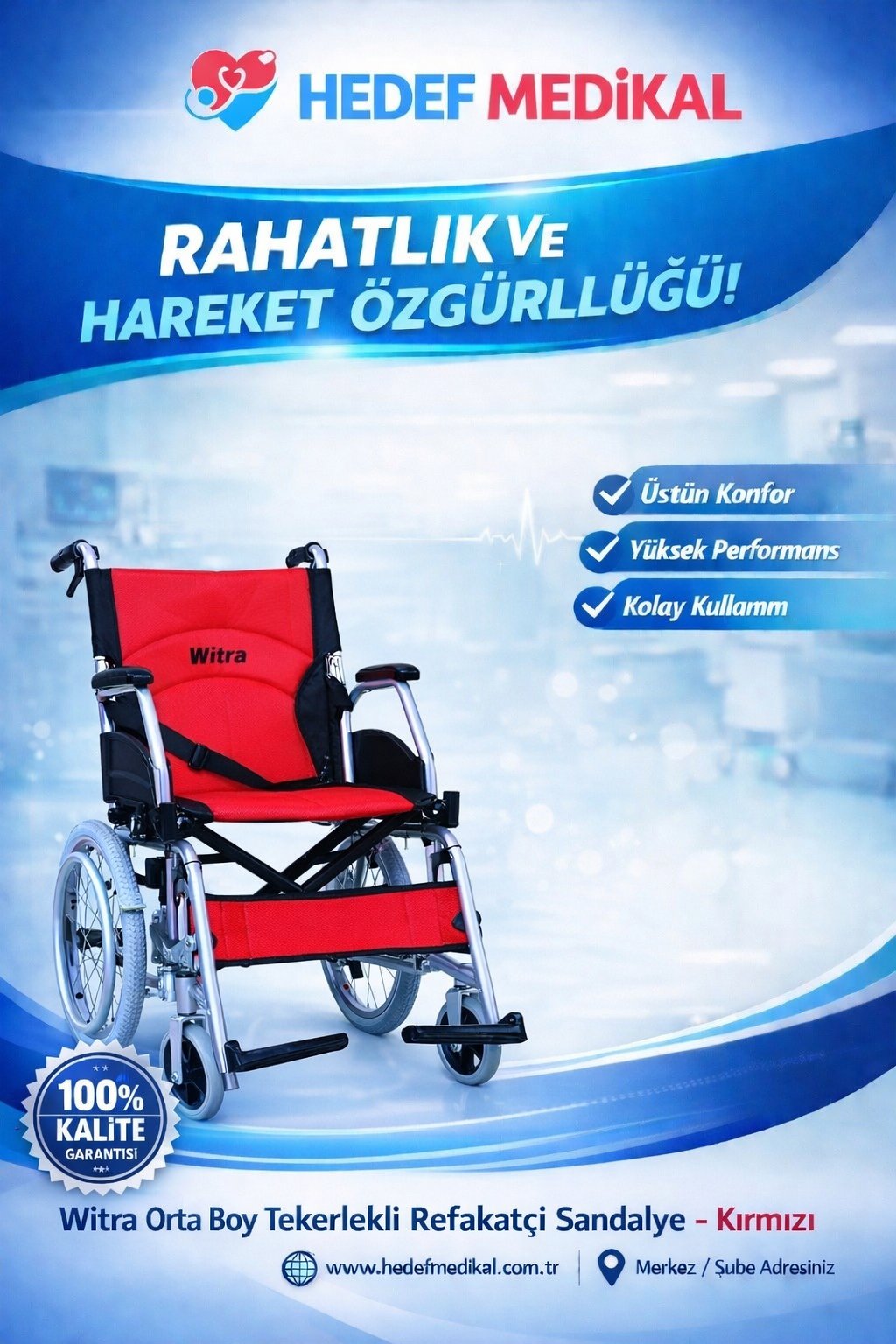 Witra Orta Boy Tekerlekli Refakatçi Sandalye Kırmızı