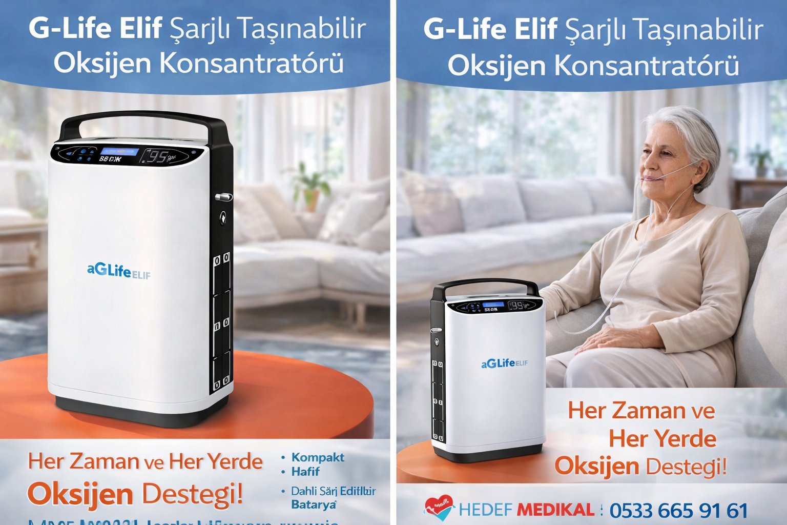 G-Life Elif Şarjlı Taşınabilir Oksijen Konsantratörü