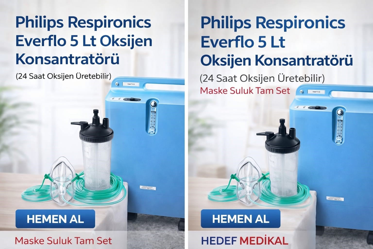 Philips Respironics Everflo 5 Lt Oksijen Konsantratörü (24 Saat Oksijen Üretebilir) Maske Suluk Tam Set