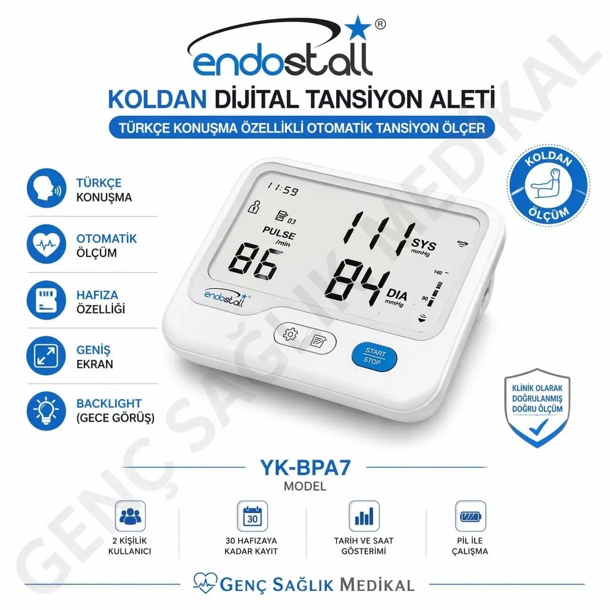 ENDOSTALL YK-BPA7 KOLDAN DİJİTAL TANSİYON ALETİ – Üst Kol Tipi Otomatik Tansiyon Ölçer