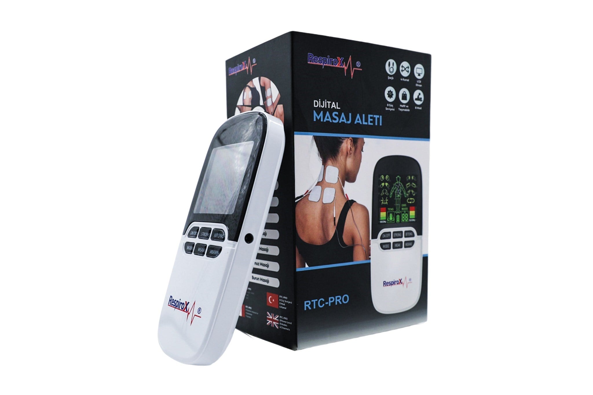 Respirox Rtc-pro Renkli Dijital Masaj Aleti 8 Kanallı Şarjlı Tens Cihazı(8 Pedli)
