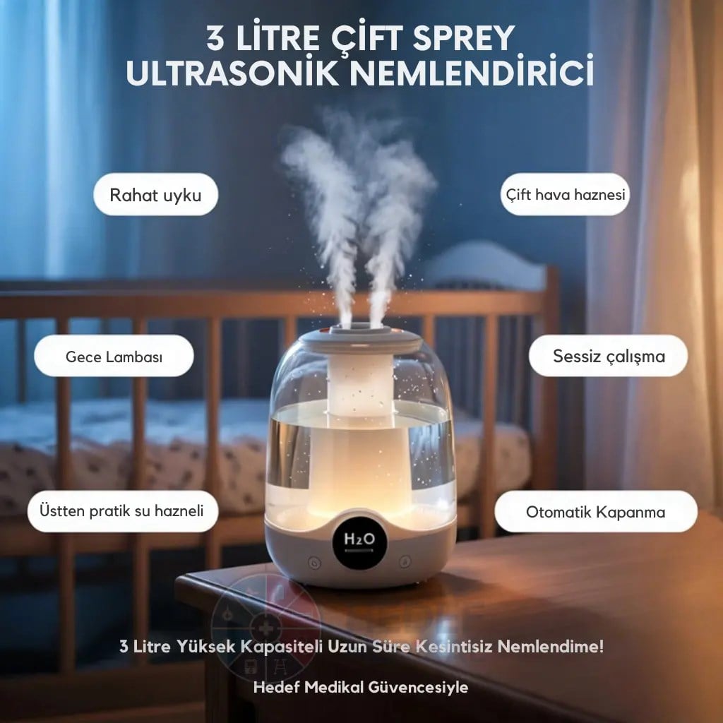 Çift Spreyli Ultrasonik Sessiz 3L Gece Lambalı Hava Nemlendirici