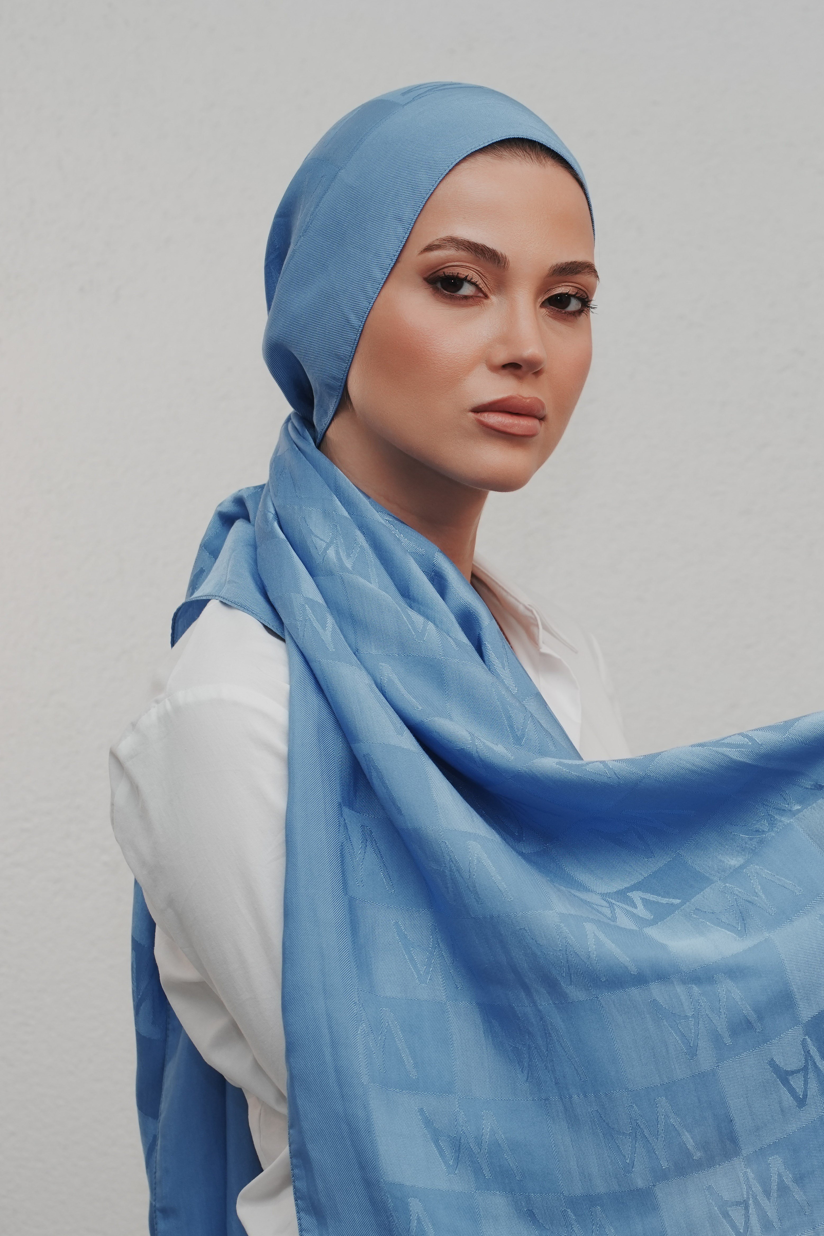 Nawa Dama Desenli Buz Mavisi Pamuk Asetat Şal