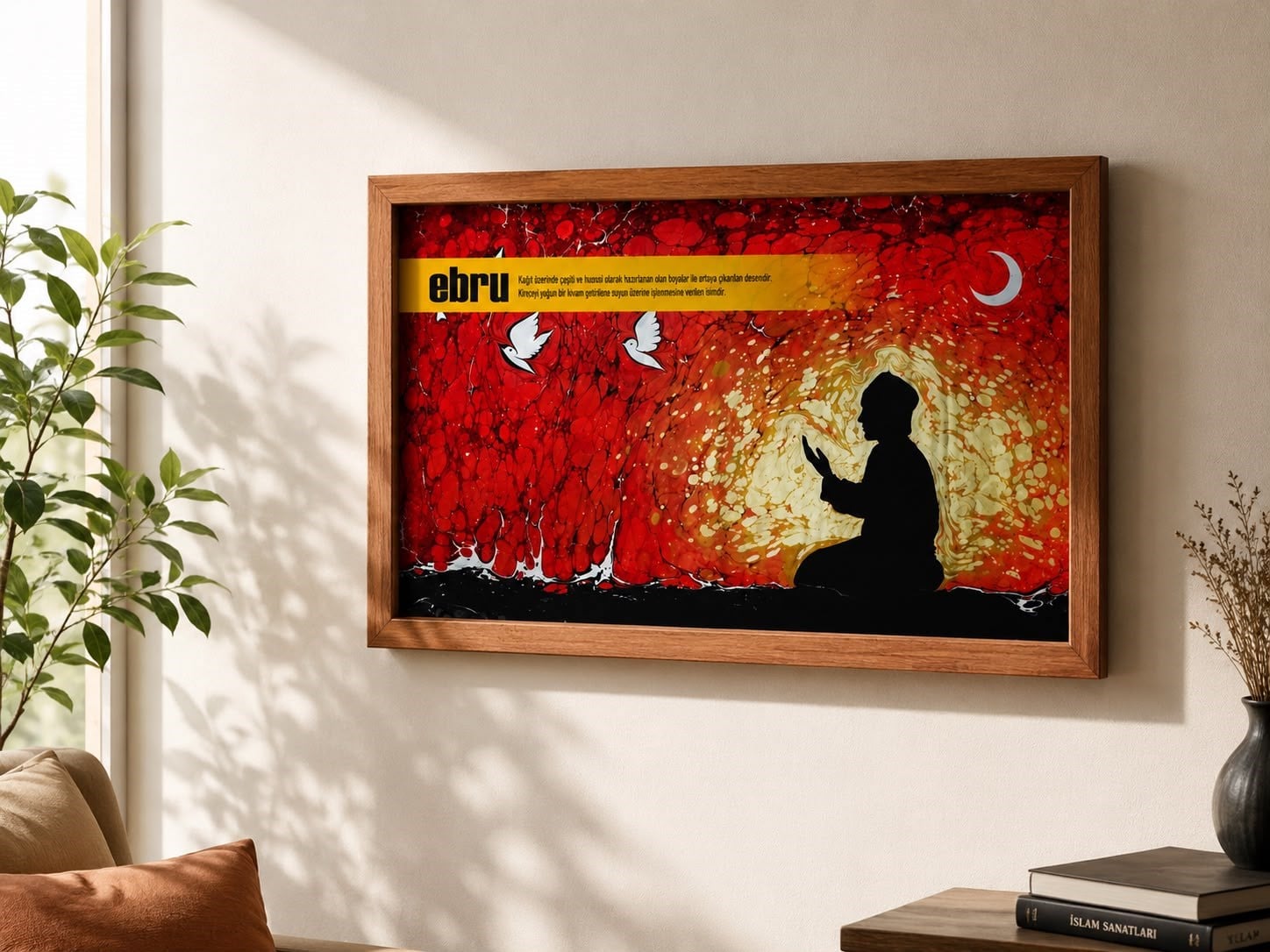 Ebru Sanatı Dua Eden Siluet Motifli Ahşap Çerçeveli Tablo